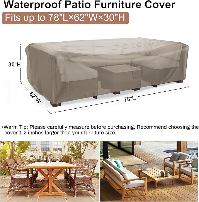 Mrrihand Heavy Duty Patio Furniture Covers, Outdoor Furniture Covers Waterproof Sectional Sofa Set , Patio Table and Chair Set Cover 78"L×62"W×30"H,Brown