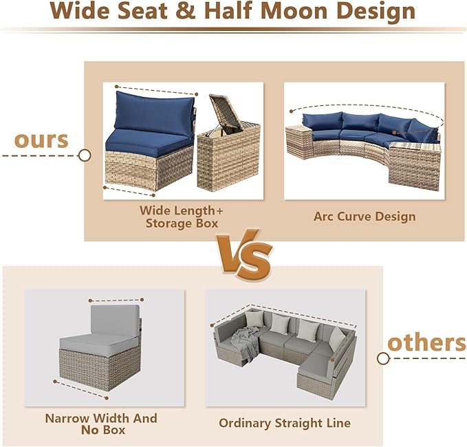 ECOTOUGE Half Moon Patio Furniture Set, 7-Piece All-Weather Wicker Curved Sofa Set, Half Moon Outdoor Couch with High Backs, Fit for Pool Backyard Balcony Garden(Blue)