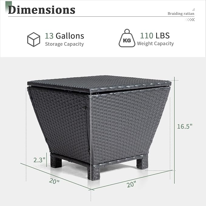 20in Outdoor PE Wicker Side Table,Trapezoidal Patio Rattan End Table,Outside Storage Bin Container,All-Weather Small Storage Box Tables,with Lid,for Garden Porch Poolside Deck Backyard (Black)