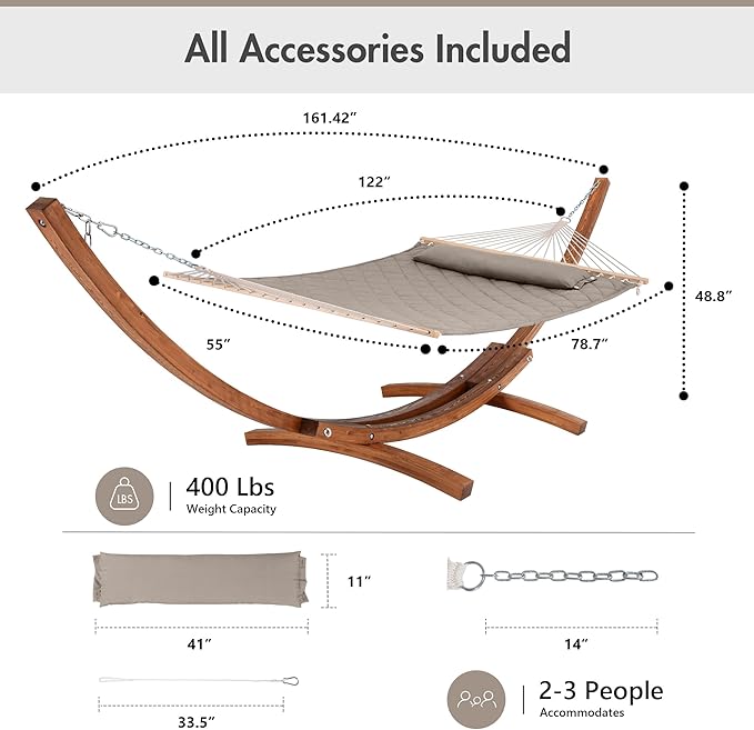 ANOW 13.5FT Curved Wooden Stand with Quilted Hammock, Heavy Duty Larch Wood Arc Stand with 2 Chains, 4 Balance Ropes and 4 Carabiners, Includes Light Brown Hammock with Spreader Bars