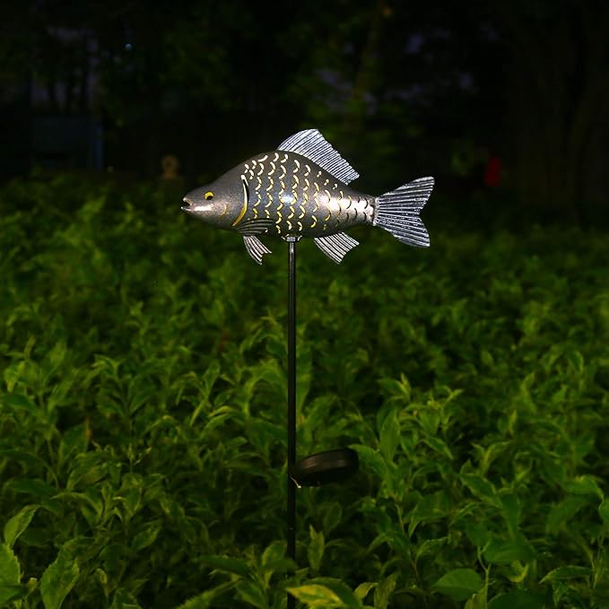 KAIXOXIN Solar Garden Lights Metal Fish Decorative Stake for Outdoor Patio Yard Decorations,Warm White LED Solar Path Lights (Silver-1)