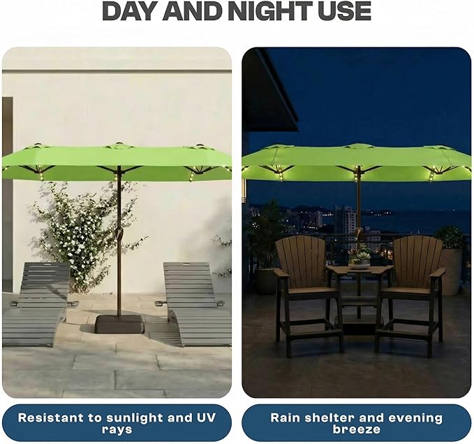 15FT Patio Umbrella with Solar Lights, Double-Sided Extra Large Outdoor Table Umbrella with Base Included, Heavy-Duty 12 Iron Ribs Market Umbrella for Garden, Pool, Backyard, Apple Green