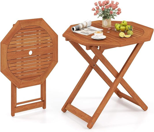 Folding Outdoor Dining Table, Solid Wood Bistro Table with 2" Umbrella Hole, Octagon Foldable Patio Table for Porch Balcony Deck Garden Yard, Teak Oil Finish, No Assembly Needed (1)
