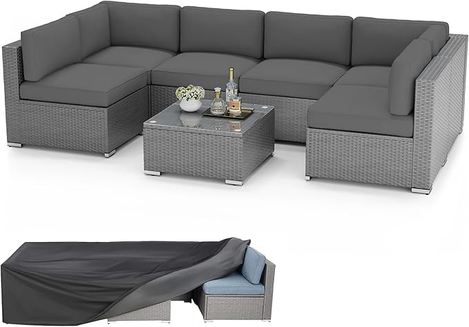 8 Pieces Outdoor Patio Furniture Set with Waterproof Cover, Grey Wicker Patio Sectional Sofa Set, Outdoor Couch with Cushion and Tempered Glass Table, Grey