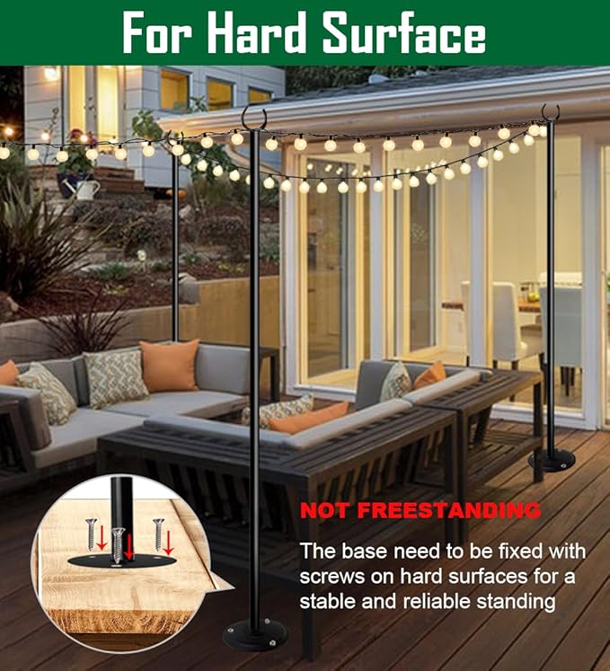 10ft String Light Poles for Hard Surfaces, Light Poles for Outdoor String Light, Perfect for Garden, Backyard, and Patio Lighting Stand for Parties, Wedding - Matte Black Finish - 2 Pack