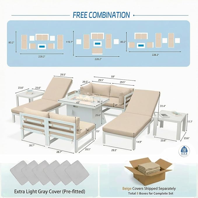 NICESOUL 9 Piece Oversized Modular Aluminum Outdoor Furniture Set with Chaise Lounge, 29" Deep and Wide Sectional Seating, 500 lbs High Weight Capacity Patio Conversation Set for Poolside Deck, Beige