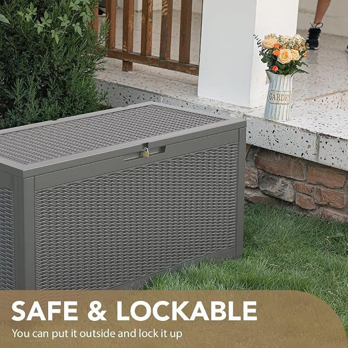 Devoko 95 Gallon Deck Box Large Resin Outdoor Storage Box, Waterproof and UV Resistant Lockable for Outdoor and Patio, Large Storage Cabinet for Patio Furniture, Garden Tools and Pool Supplies, Grey