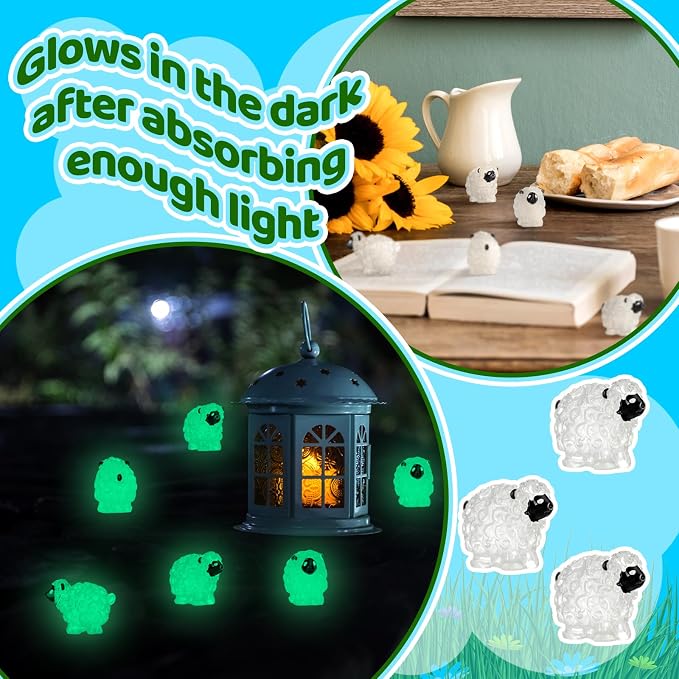 Suzile 50 Pcs Mini Sheep Figurine Miniature Resin Sheep Figurine White Lamb Figure Cute Animal Statue Landscape Little Decor for Spring Summer Outdoor Garden DIY Ornament Cake Topper(Luminous Style)