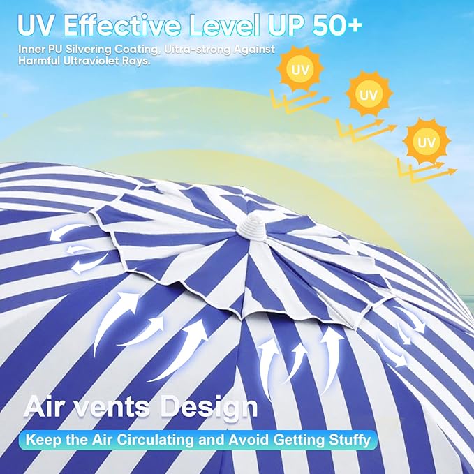 Northroad 8ft Large Beach Umbrella w/Sand Anchor Vent Tilt, Heavy Duty High Wind Patio Umbrellas w/Carry Bag,UV 50+ Sun Protection Portable Sunshade Umbrellas for Garden Pool Backyard