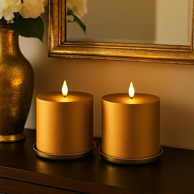 Smtye 4x4 Inch Gold Textured Flameless LED Candles Set of 2, Plastic Sand Finish Battery Operated Flickering Pillar Candles with Timer, Realistic Warm Glow for Home, Weddings, and Holiday Decor