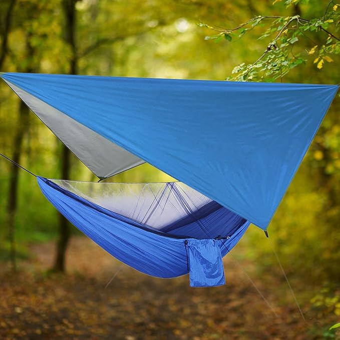 Portable Hammock with Net, Integrated Hanging Hammock for Outdoor Camping Traveling, Canopy to Wind Rain, Sturdy Nylon Fabric Polyester Material, Supports Up to (Blue Sky with Blue Hammock)