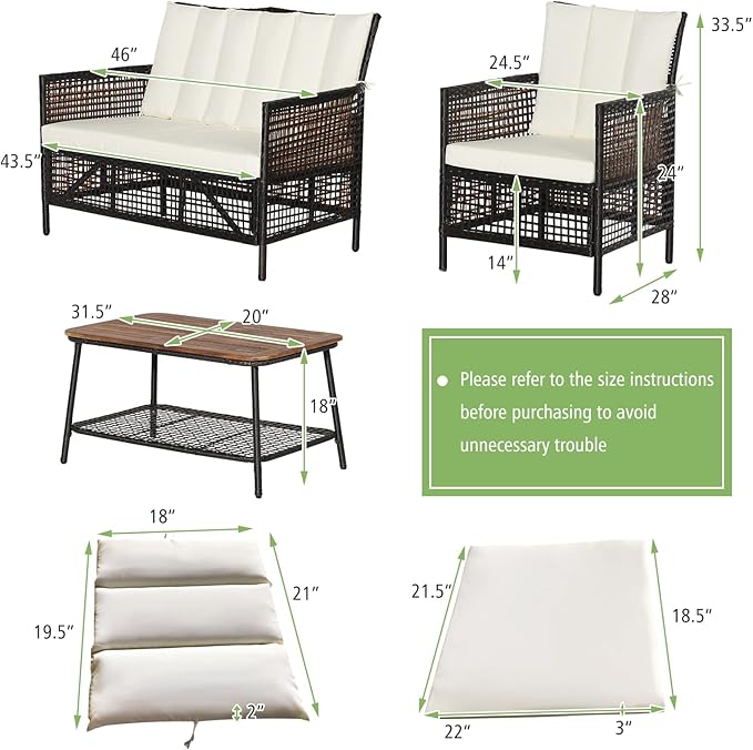Tangkula 8 Pieces Patio Furniture Set, Outdoor PE Wicker Conversation Set with 2-Tier Coffee Table, Acacia Wood Tabletop & Extra Storage Shelf, Outdoor Furniture Sofa Set w/Cushions (2, Off White)