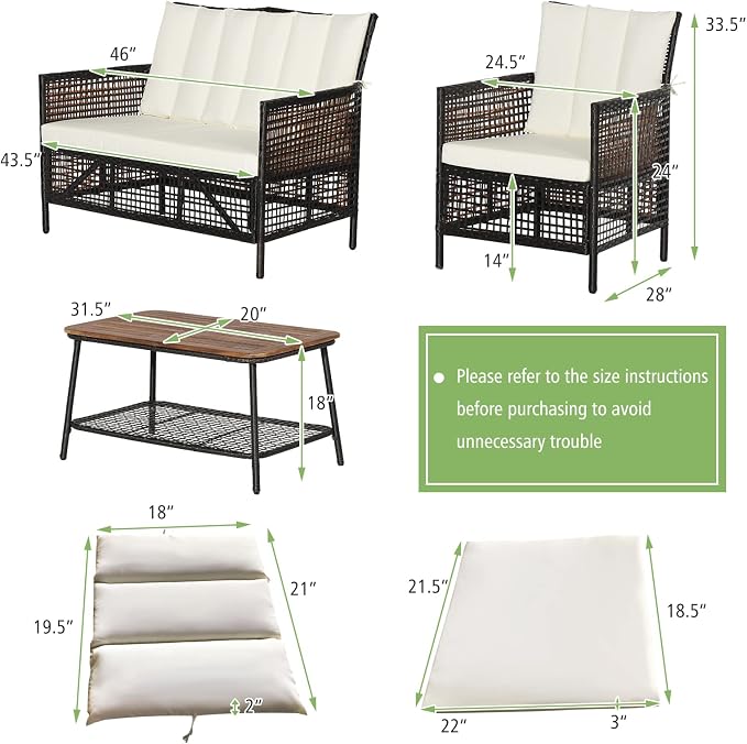 Tangkula 4 Pieces Patio Furniture Set, Outdoor PE Wicker Conversation Set with 2-Tier Coffee Table, Acacia Wood Tabletop & Extra Storage Shelf, Outdoor Furniture Sofa Set w/Cushions (1, Off White)
