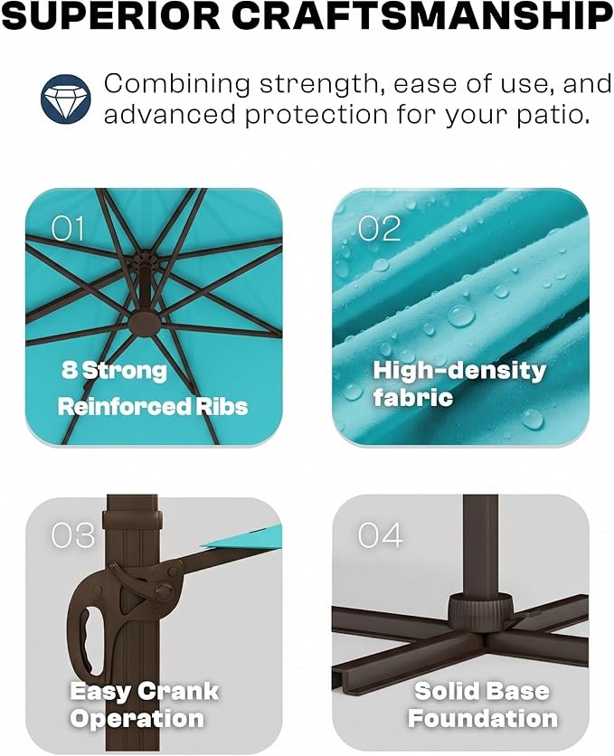 11 FT Round Cantilever Umbrella,Easy Tilt, Fade Resistant & 360° Rotation, Offset for Pool Deck Backyard Patiopeacock blue (Base not Included)