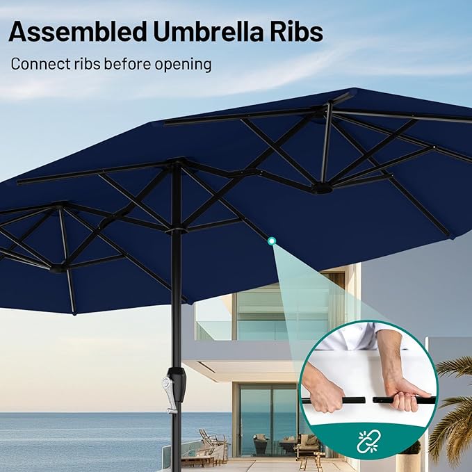 AreShark 15ft Patio Umbrella with Base, Double Sided Outdoor Umbrella with 12 Fiberglass Ribs, Large Outdoor Umbrella for Garden, Pool, Deck, Backyard & Market,Navy Blue