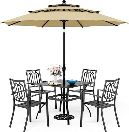 Sophia & William Patio Dining Set for 4 with 10ft 3 Tier Auto-tilt Umbrella, Outdoor Table Furniture Set with 4 x Metal Outdoor Chairs, 1 x Metal Square Dining Table and 1 Beige Patio Umbrella
