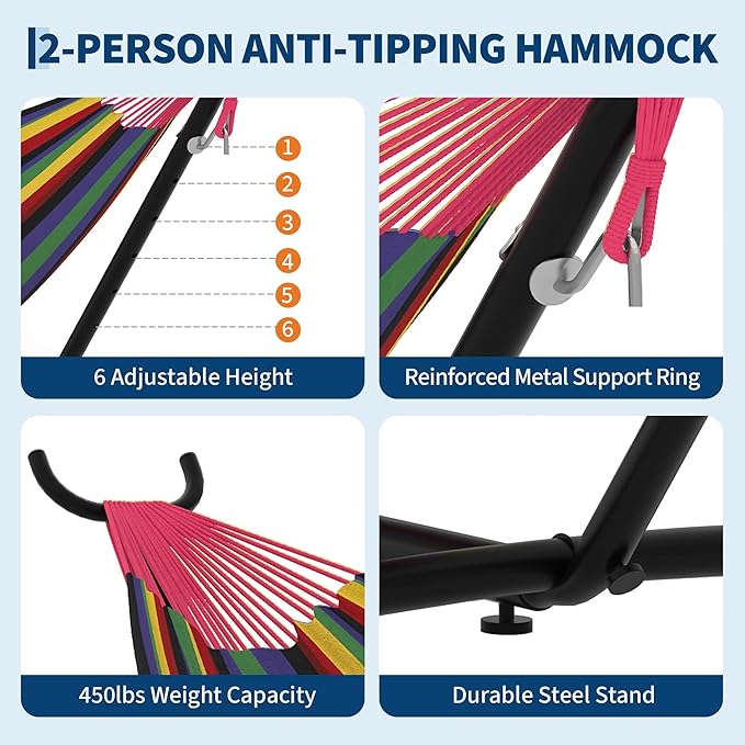 Double Hammock with Stand for Outside, 2 Person Heavy Duty Hammocks for Indoor Outdoor Patio with Carrying Bag, 450 Lbs Capacity, Space Saving Heavy-Duty Steel Stand