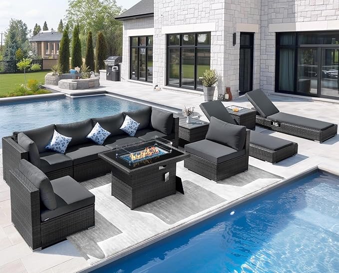 NICESOUL 11-Piece Patio Furniture with Chaise Lounge, Modern Wicker Outdoor Sectional with Fire Pit Table, Comfortable 29.3'' High-Back Backyard Seating, Heavy Duty All-Weather Couch Set, Dark Grey