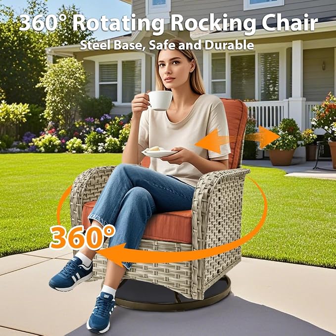 9 Pieces Patio Sectional Furniture Set, Outdoor Wicker Sectional Couch with Firepit Swivel Rocker Chairs Solar Lights Table, Modern Conversation Set for Porch Balcony Backyard, Orange