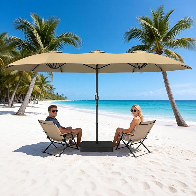 Suteck 15FT Patio Umbrella with Base Included, Double-Sided Rectangle Outdoor Large Umbrella with Crank Handle, UV & Fade Resistant Canopy for Poolside, Backyard, Deck and Market, Beige