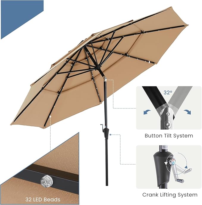 DUMOS LED Outdoor Patio Umbrella 10 FT UV-Resistant Market Umbrella with Tilt Adjustment & Crank Lift, All-Weather Shade for Backyard, Deck, Garden, Beach