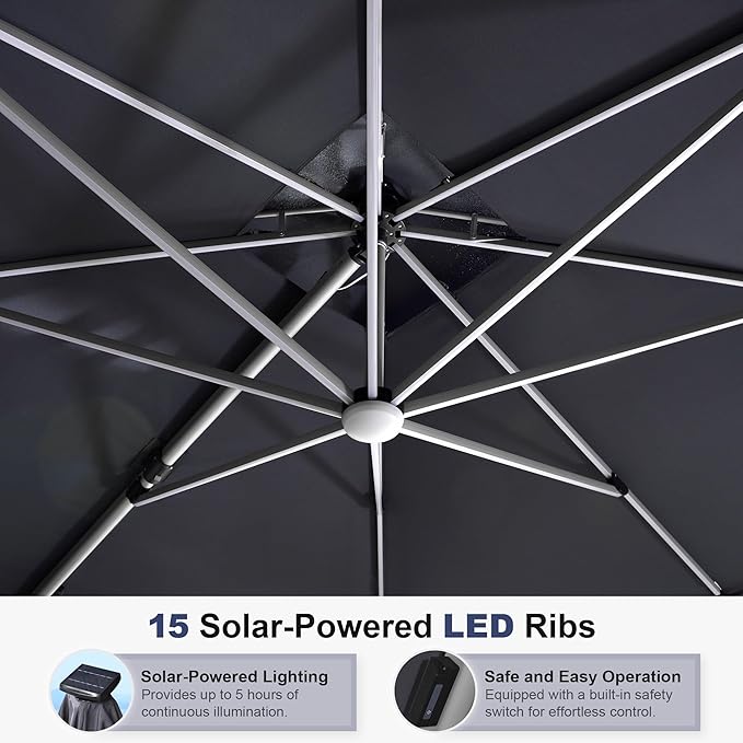 PURPLE LEAF 13ft Patio Umbrella with Lights Outdoor Round Large Cantilever Umbrella Solar Powered LED Windproof Offset Umbrella Heavy Duty for Garden Deck Pool Patio, Grey