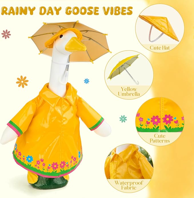 Raincoat Goose Outfits Porch Goose Spring Outfit Goose Printed Raincoat Clothes with Umbrella Hat Fits 23" Geese Statue for Spring Summer Garden Lawn Patio Yard Outdoor Decor (Yellow)