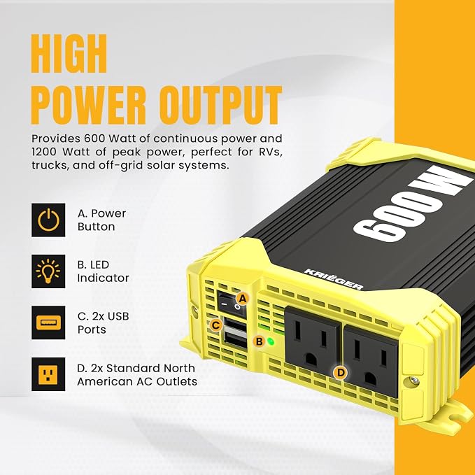 K KRIËGER 600 Watt Power Inverters for Vehicles, 12V to 110V, Car Charger with Plug Outlet, Modified Sine Wave, 2 AC Outlets, USB Ports, Cigarette Lighter & Clamps - ETL Approved Under UL STD 458