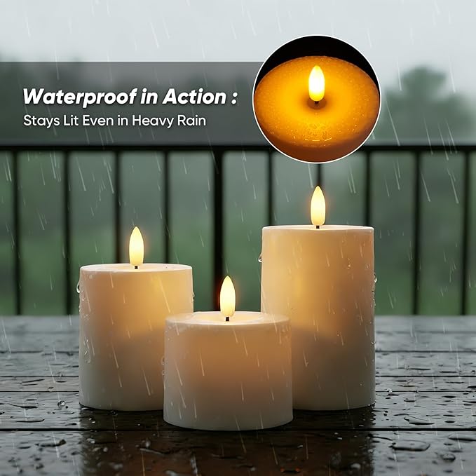 Raycare White Outdoor Waterproof Flameless Candles with Remote and Timer, Realistic LED Candles, Battery Operated Electric Fake Pillar Candles for Porch, Patio, Garden, Set of 3