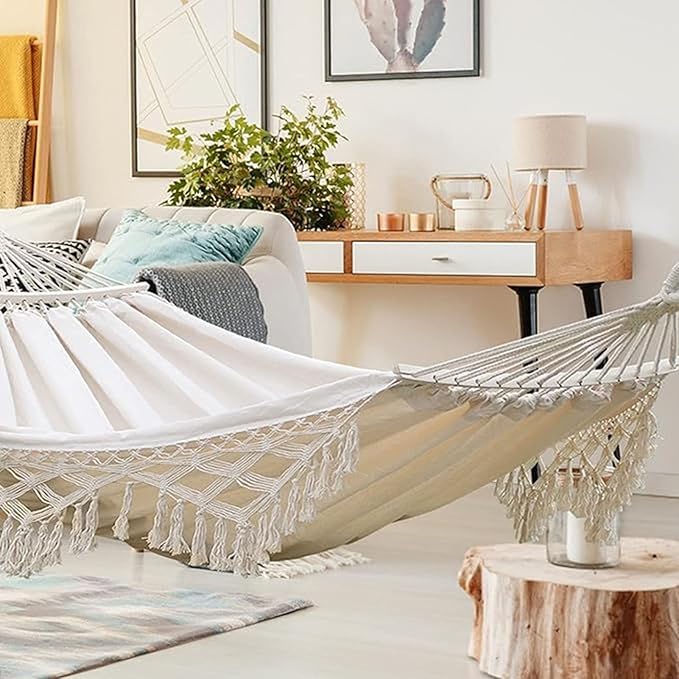 Camping Hammock with Tassels, Portable Canvas Double Hammock with Tree Straps, 108x59in Heavy Duty 330 lbs for Backyard Outdoor Beach Patio White