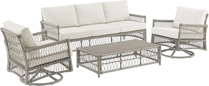 Crosley Furniture Thatcher 4-Piece Outdoor Sofa and Table Patio Furniture Set, Wicker Conversation Sets for Porch, Driftwood with Creme Cushions
