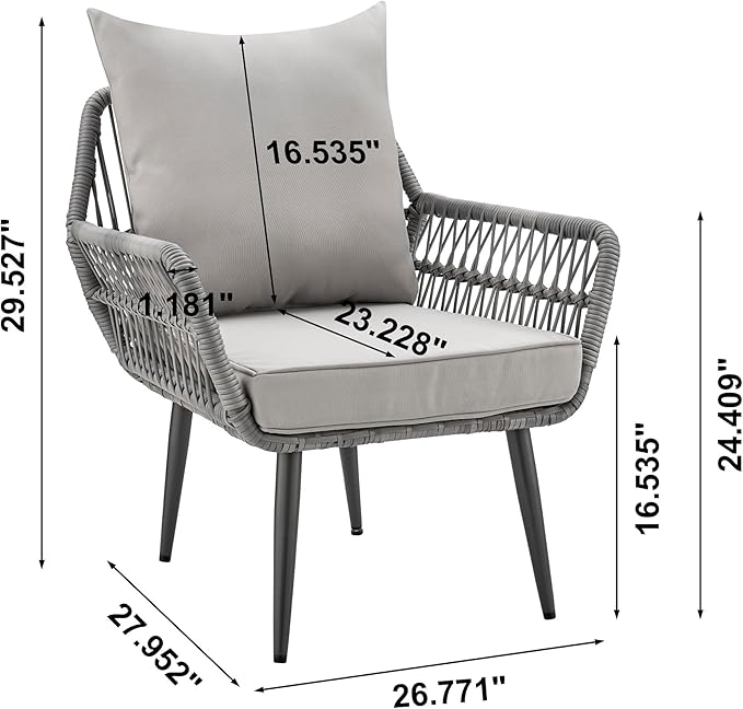 Manhattan Comfort Portofino 4-Piece Patio Conversation Set, Rope Wicker Design with Waterproof Cushions | Outdoor Furniture Includes 2 Armchairs, Loveseat & Coffee Table with Tempered Glass Top, Grey