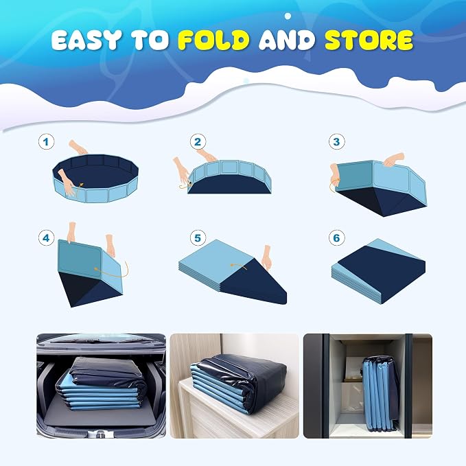 COMMOUDS 120 Inch Extra Large Foldable Dog Pool, Collapsible Hard Plastic Dog Kiddie Family Swimming Pool, Portable Pet Bath Tub Wading Pools for Kids and Puppy Small Medium Large Dogs