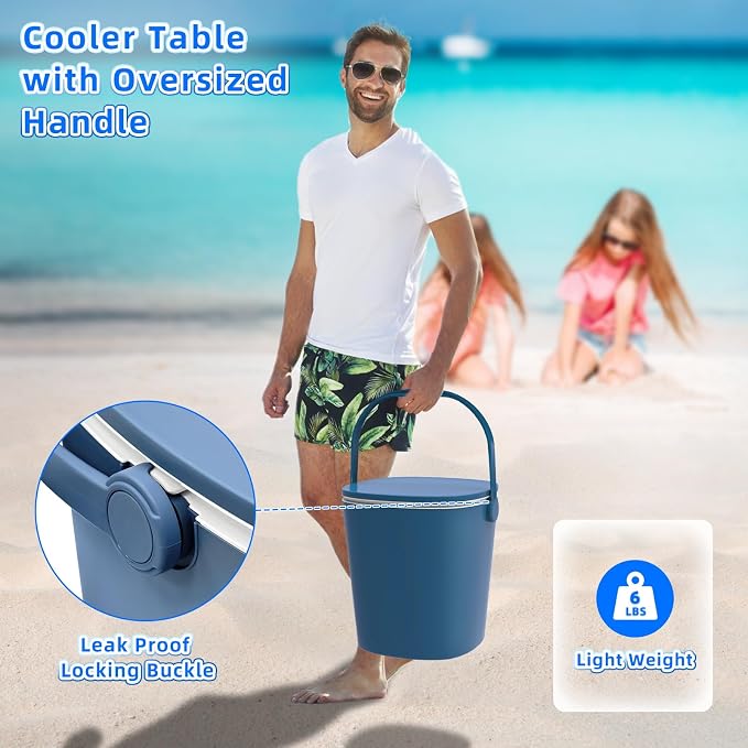 Portable Outdoor Ice Cooler Bar, 15-Can Blue Multifunctional Side Table with Snack Tray, Hidden Bottle Opener & Food Clips, Lightweight for Indoor/Patio Use, Camping, Poolside, Party