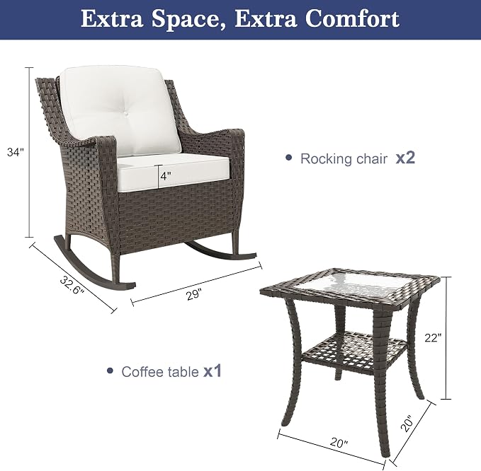 3 Pieces Patio Rocking Chairs, 2 High Back Rattan Furniture Set and Side Table, Outdoor PE Wicker Furniture Set, All Weather Patio Set with Waterproof Cushion for Porch and Deck