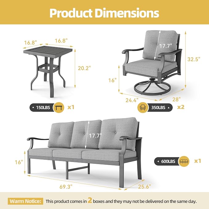 4 Piece Patio Furniture Set, Metal Outdoor Conversation Set w/3-Seat Sofa, 2 Rocking Swivel Chairs, Side Table, Patio Bistro Set w/5" Thickened Cushions for Porch Yard Poolside, Gray