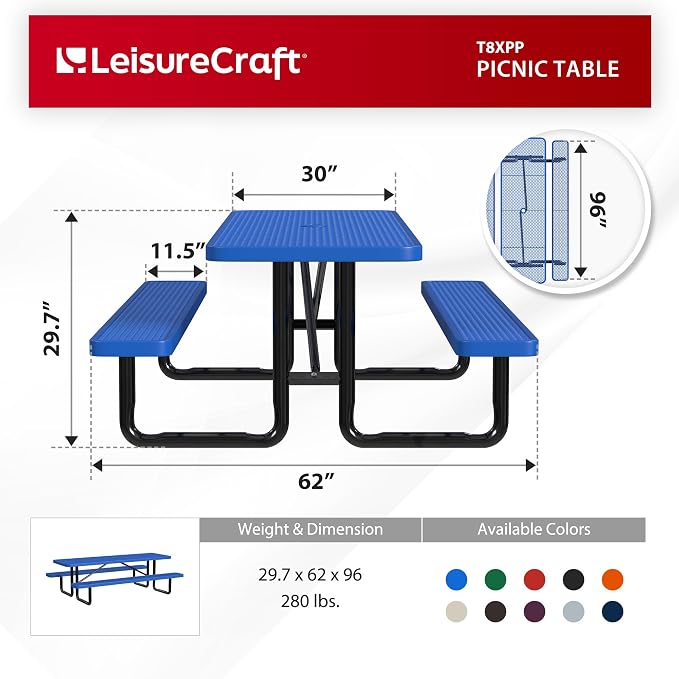 Leisure Craft Metal Picnic Table with Bench - 8 ft Rectangle Outdoor Dining Table for 8, Umbrella Hole, Weatherproof Heavy Duty Thermoplastic Coating, Commercial Grade Furniture Made in USA - Blue