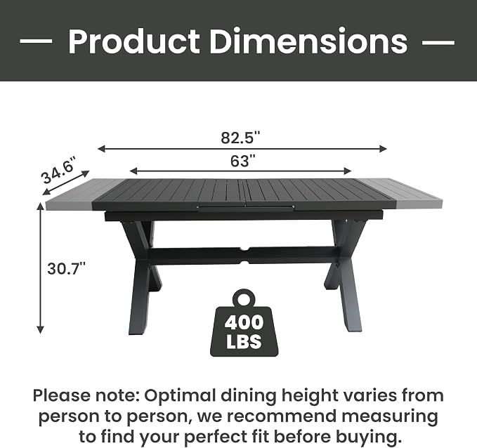 Extendable Patio Dining Table for 6-8: 63''-83'' Rectangle Aluminum Table, Umbrella Hole, Slatted Tabletop, Metal Sturdy X-Trestle Base for Outdoor Meals Garden Deck Yard Gathering Party - Gray