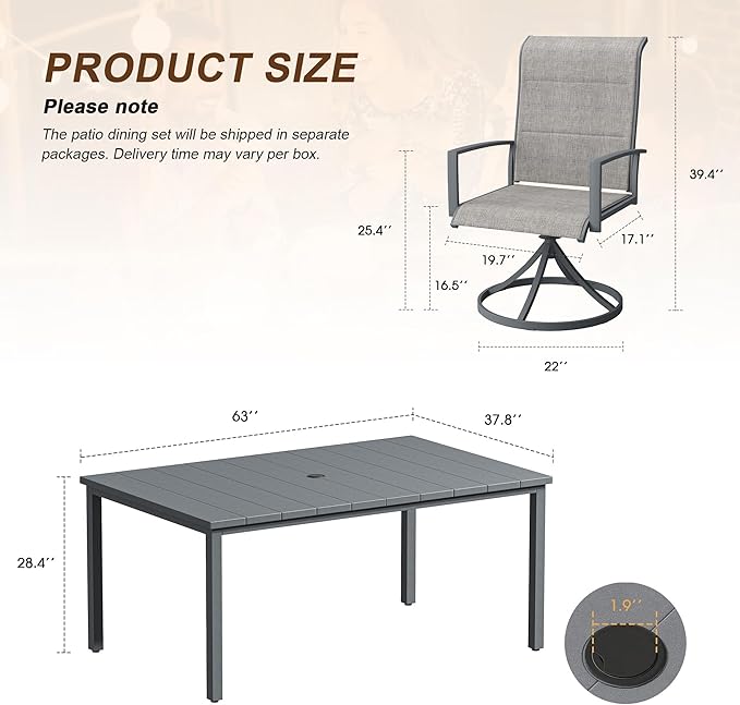 VICLLAX 7 Pieces Outdoor Dining Set, Patio Furniture Set Includes 63" Rectangular Metal Table W/ 1.9" Umbrella Hole and 6 Padded Textilene Swivel Chairs for Porch, Lawn, Garden, Backyard