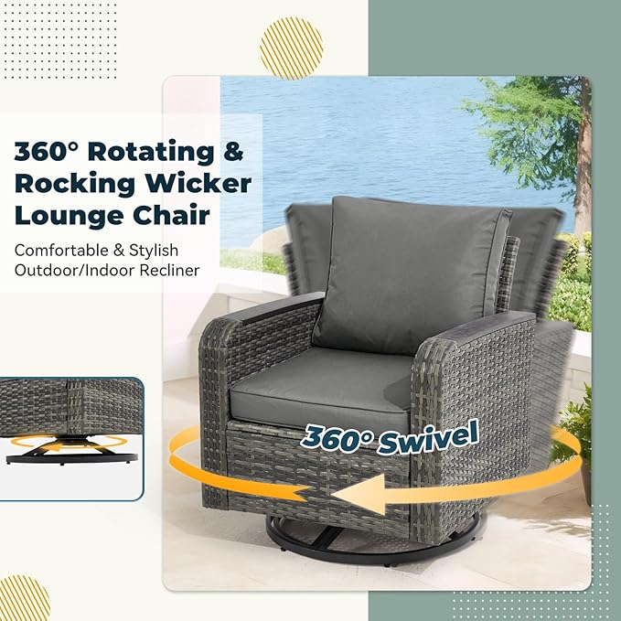 6 Pieces Patio Furniture Sets with Swivel Chairs, Outdoor Furniture Set for Porch Deck Bistro Lawn Garden Backyard Poolsid- Grey Rattan/Grey