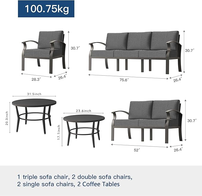 Kullavik Aluminum Patio Furniture Set with 2 Round Coffee Tables,7-seat Metal Outdoor Sectional Furniture w/5.1" Cushions,Patio Conversation Sets for Garden,Backyard,Porch-Grey