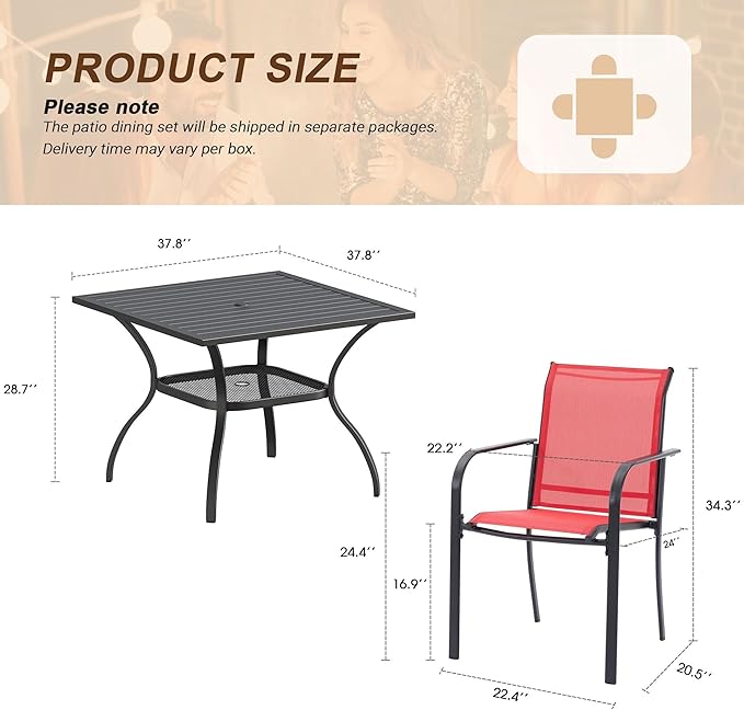 VICLLAX 5 Pieces Patio Outdoor Dining Set, 38" Square Metal Dining Table with Umbrella Hole and 4 Stackable Textilene Chairs for Patio, Lawn, Garden, Porch, Black/Red