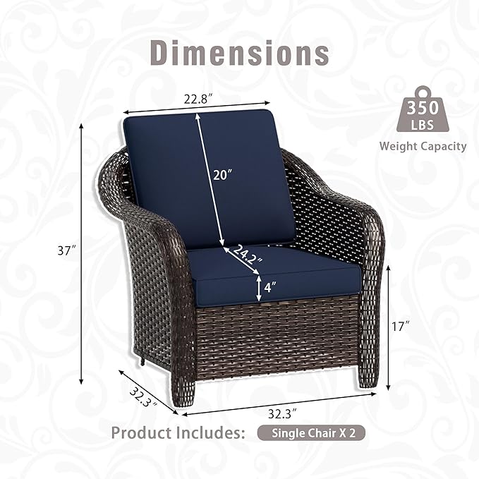 Outdoor Wicker Chair Set of 2, All-Weather Use Patio Rattan Chair with Seat and Back Cushion, Ideal for Porch, Backyard, Balcony, Poolside, Blue