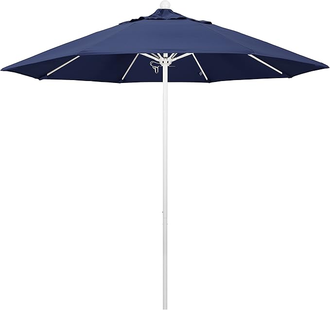 California Umbrella 9' Round Aluminum/Fiberglass Umbrella, Push Open, White Pole, Olefin Navy Blue Fabric