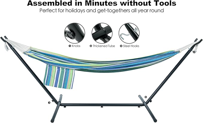 Double Hammock with Stand for Outside, Upgraded Spreader Bar, Heavy Duty Space Saving Steel Stand 2 Person, Convenient Pocket, Easy Assembly, 600lbs Weight Capacity, Indoor & Outdoor (Garden)