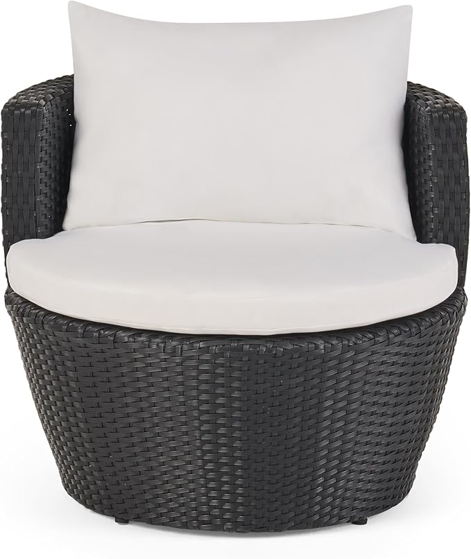 Merax Patio Furniture Set of 3, Outdoor PE Rattan Wicker Chairs with Cushion & Glass Coffee Table for Balcony Garden Front Porch, Patio Conversation Sets for 2, Sturdy Aluminum Frame, Black+Ivory