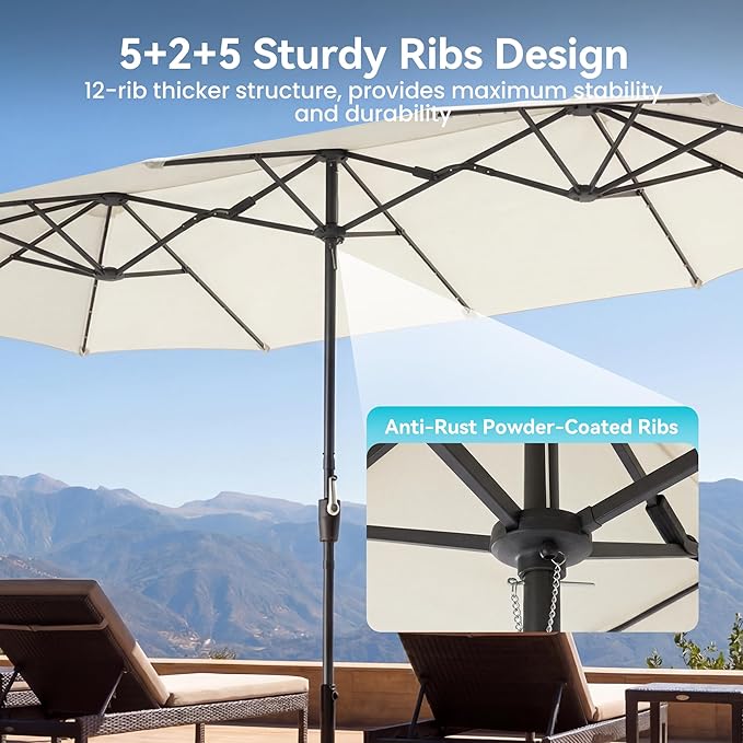 COSIEST 13FT Patio Umbrella with Solar Lights, Outdoor Double-Sided Table Umbrella,Large Rectangular Market Umbrella w Crank Handle for Garden, Pool, Deck Shade, Beige