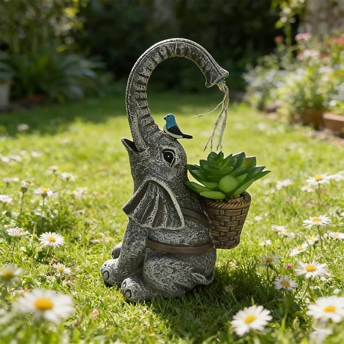 Solar Powered Garden Statue with LED Lights, Grey Stone Resin Elephant Planter, Decorative Outdoor Sculpture with Birds and Succulents,for Balcony, Garden, Patio, Yard, Lawn(Gray)