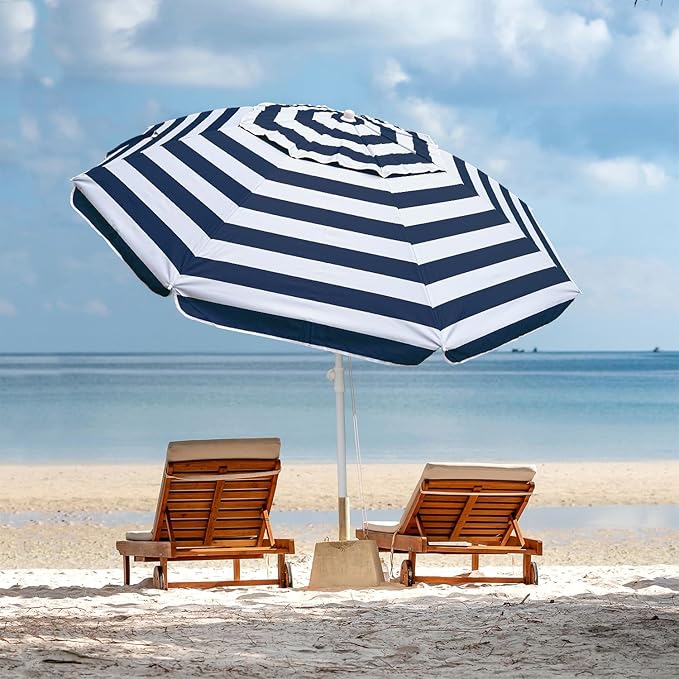 AMMSUN 6.5ft Portable Beach Umbrella for Sand with air vent Tilt Pole, Carry Bag UV 50+ Protection Outdoor Umbrellas Windproof for Patio Garden Beach Pool Backyard Navy Stripe