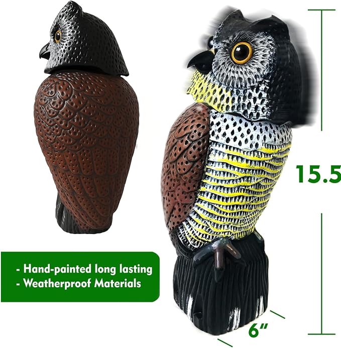 GiftExpress 16" Large Owl Decoy with Rotating Head – Realistic Garden Statue Bird & Squirrel Deterrent, Life-Size Predator Scarecrow for Outdoor Yard & Garden Protection